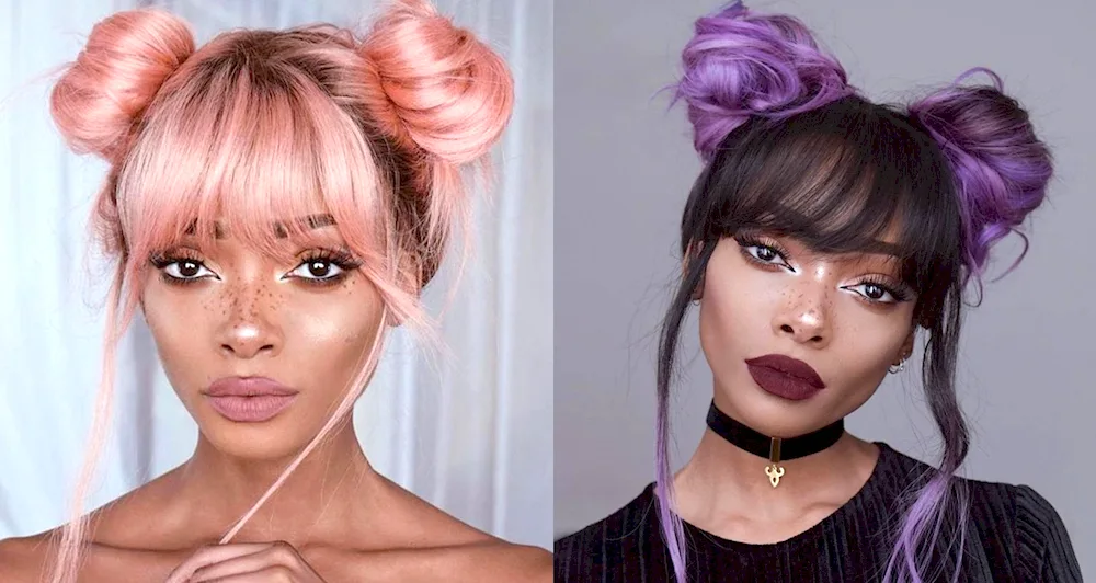 Hair with two buns. Bunch hairstyle