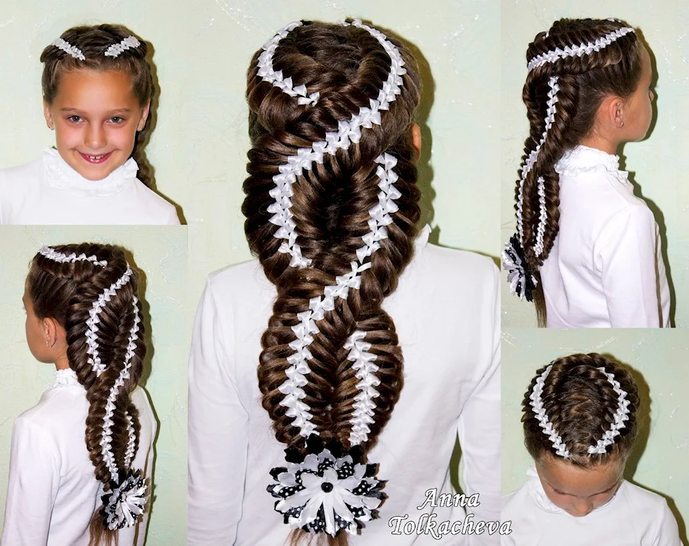 Braid hairstyle with ribbons for a girl with long hair