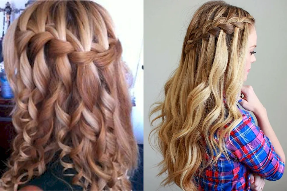 Waterfall hairstyle for long hair with curls