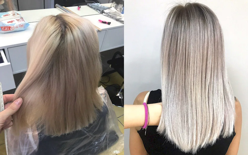 Blonding of grey hair on overgrown roots