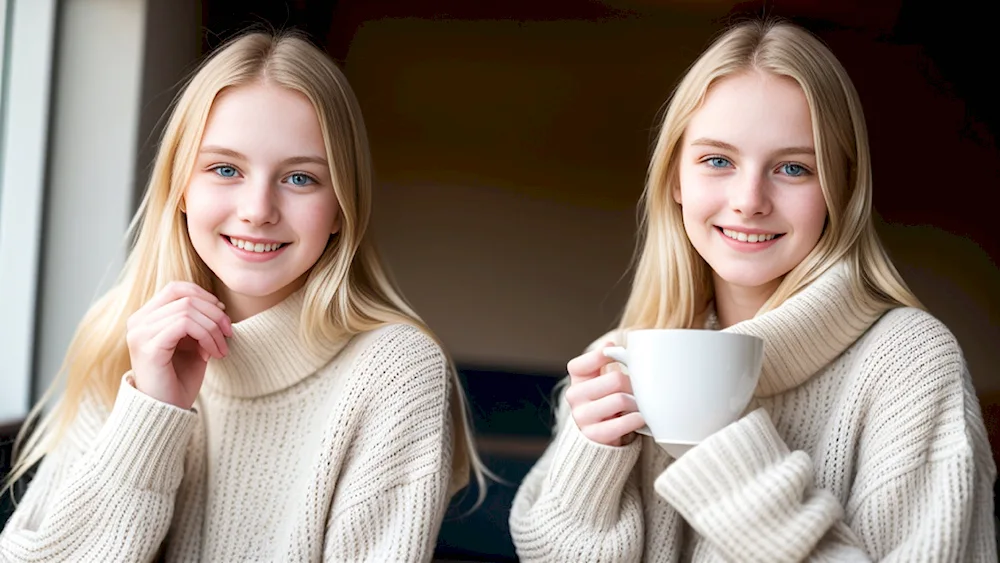 Pullover coffeeOlsen sistersDiana ReteganOlsen sistersTatiana and Olga ArntholtzOlsen sistersOlsen twinsBlonde and brunetteGirl in the mirrorPortrait of two girls