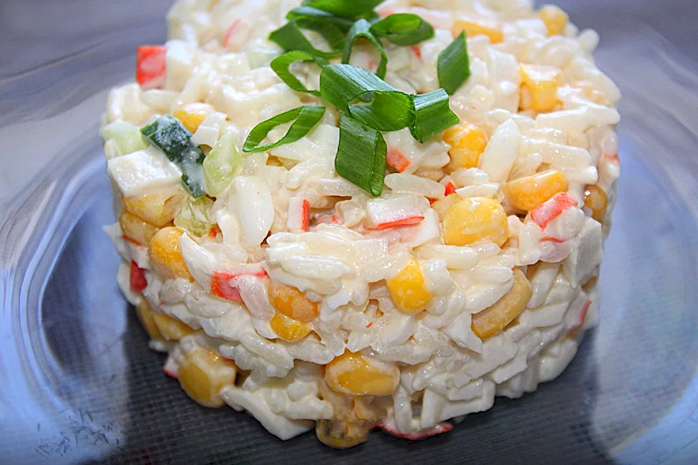 Rice with crab sticks and corn