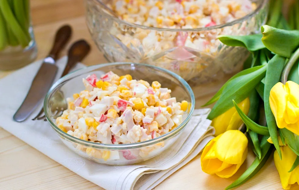 Crab salad with crab sticks and corn