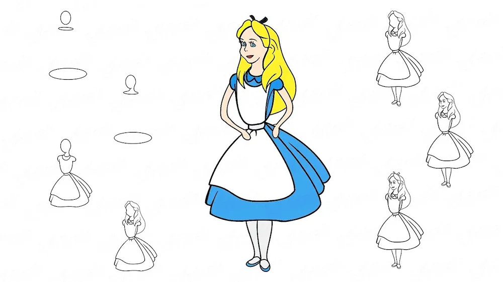 Alice in Wonderland drawing in stages