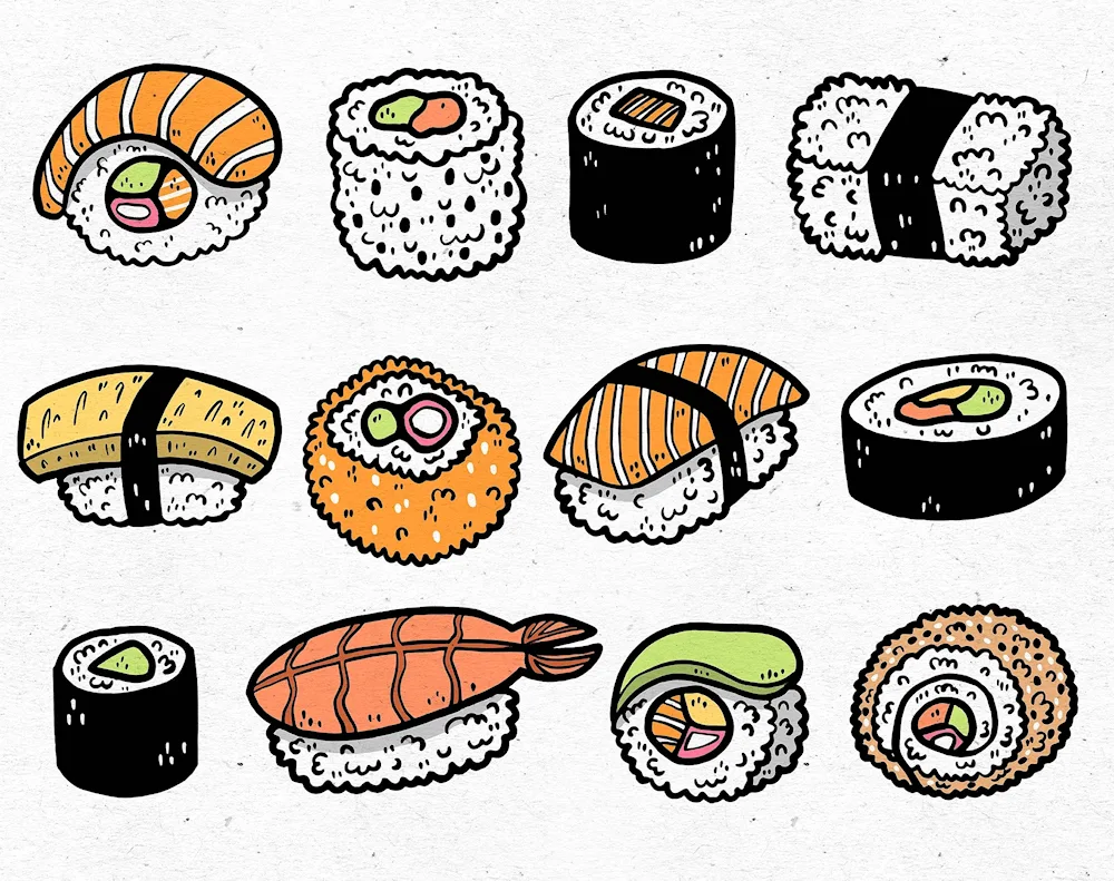 Drawn rolls and sushi
