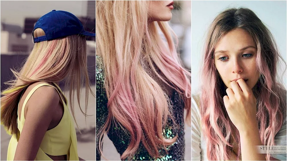 Pink strands on blonde hair