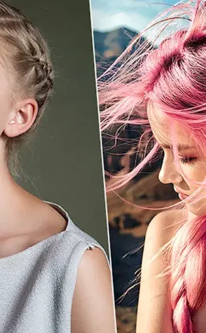 Pink strands on blonde hair