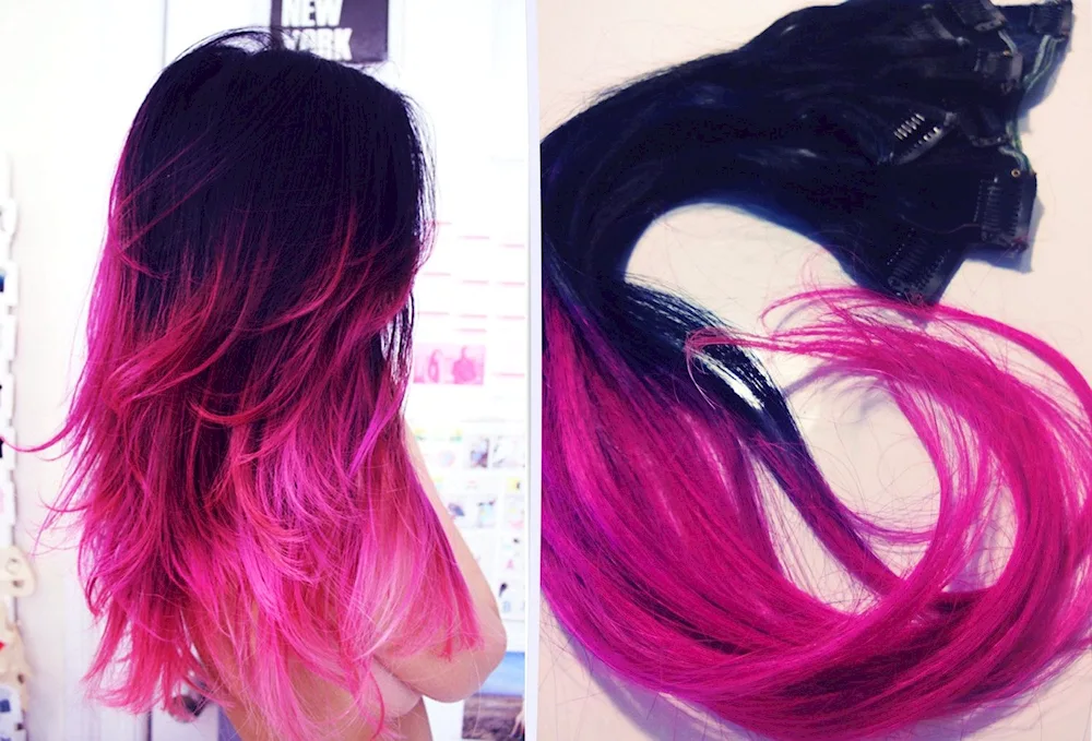 Pink strands on dark hair