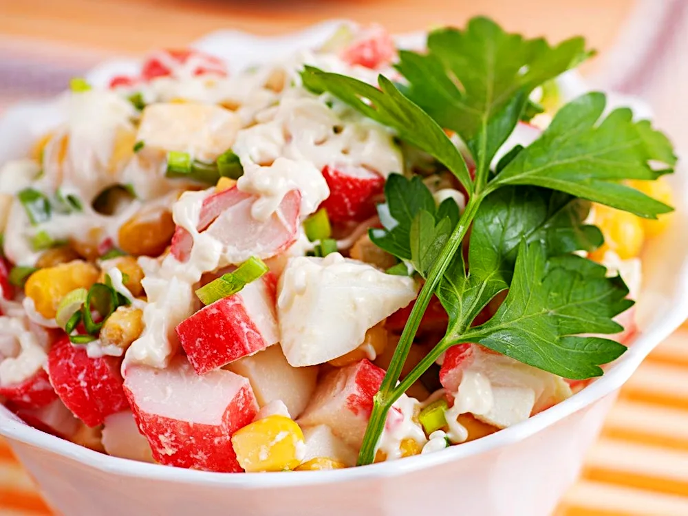 Salad with crab sticks and corn