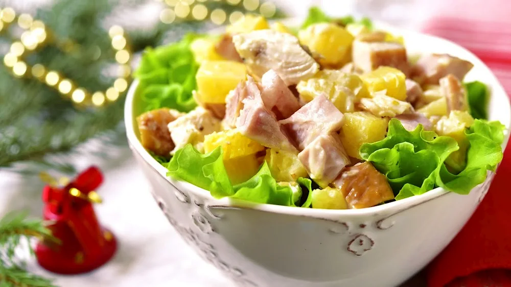Salad Kurochka Ryaba with pineapple