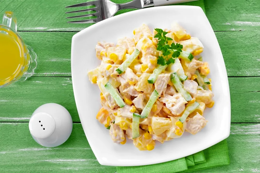 Salad with corn pineapple chicken cheese