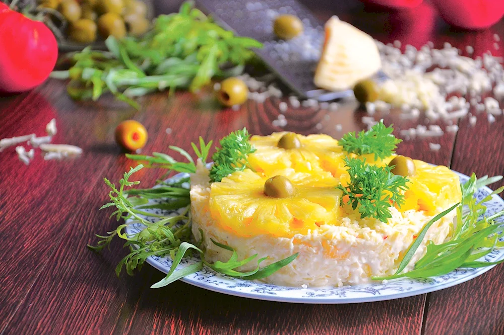 Salad Chicken Ryaba with pineapple