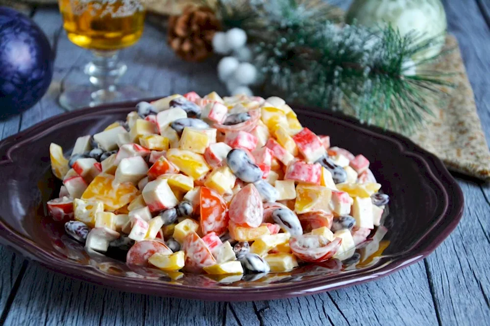 Salad with corn and beans and kiryeshki.