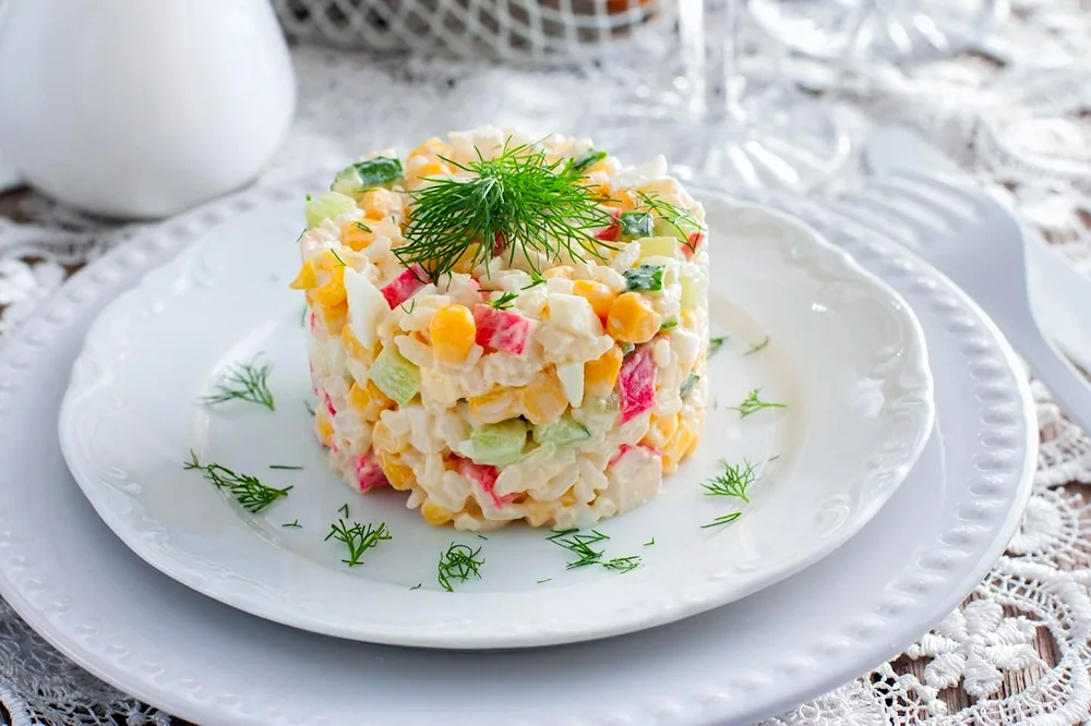 Crab Salad with Crab Sticks and Corn and Rice
