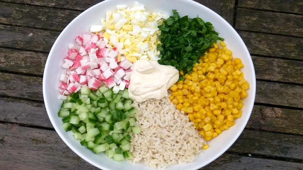 Rice with crab sticks and corn