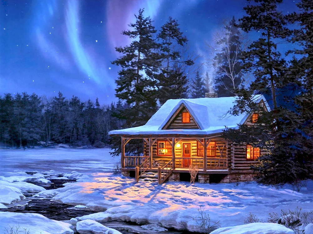 Winter forest cabin