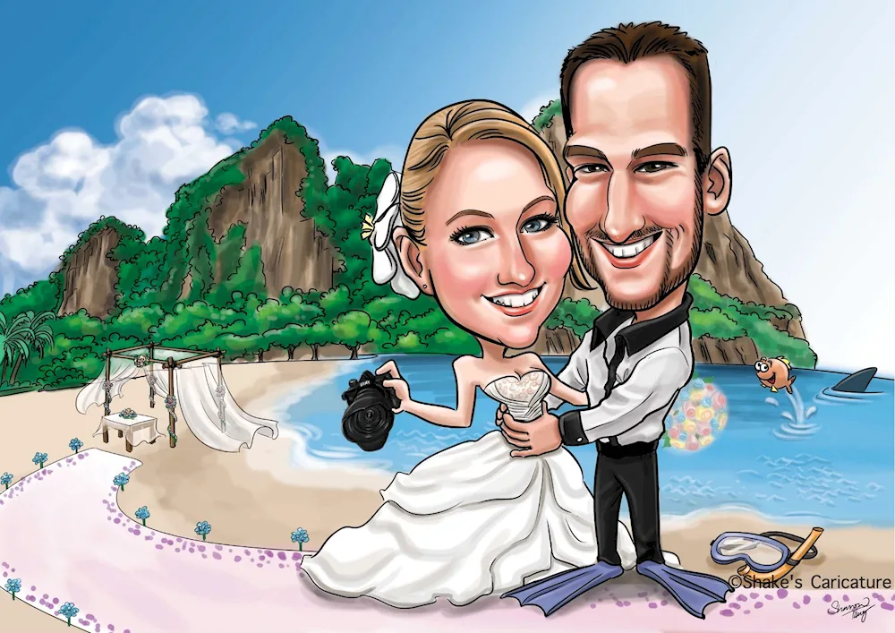 A cartoon bride and groom