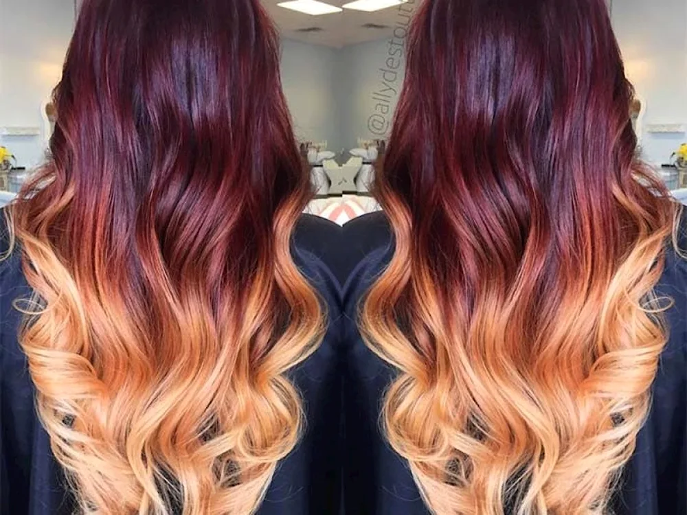 Red balayage on dark medium hair