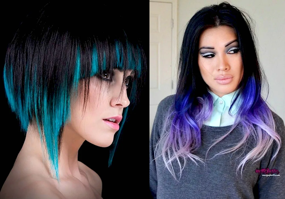 Blue strands on dark hair hair