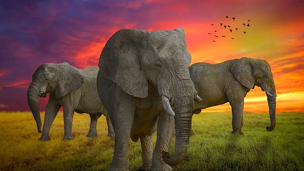 Elephants on the desktop. African animals at sunset