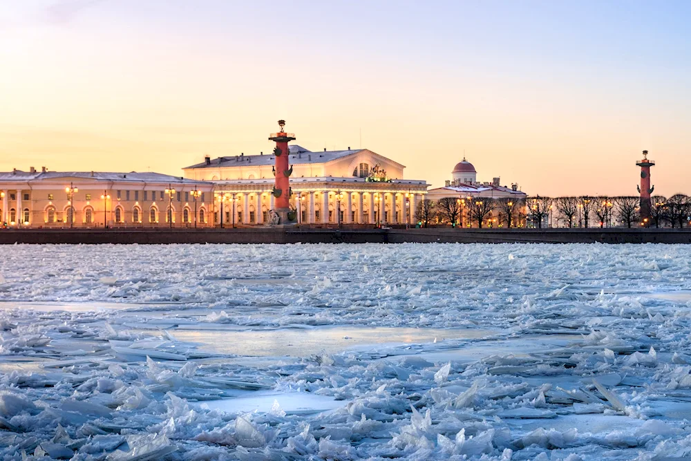 Strelka Vasilyevsky Island St. Petersburg in winter. St. Petersburg