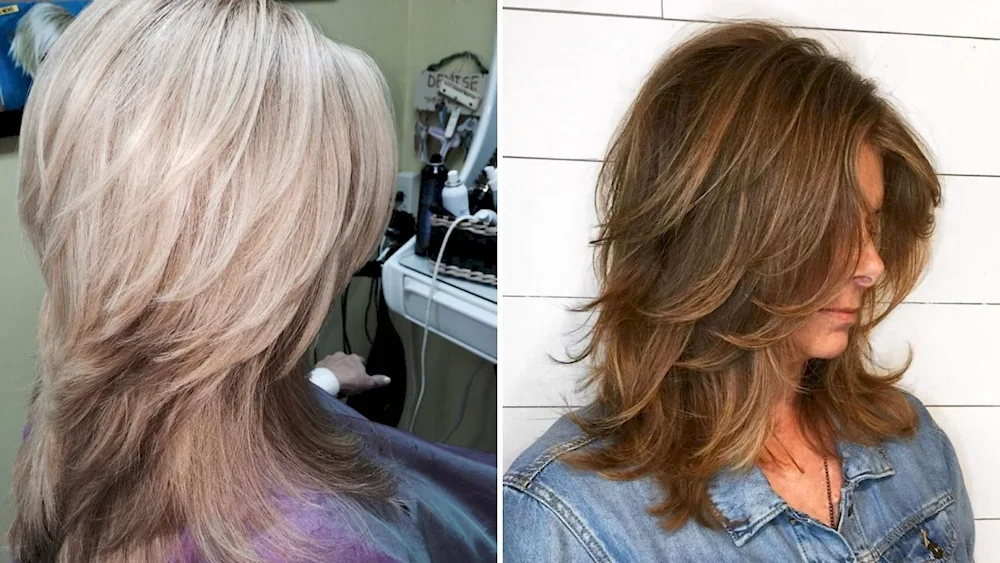Cascade ladder haircut on medium hair with fringes front and back view