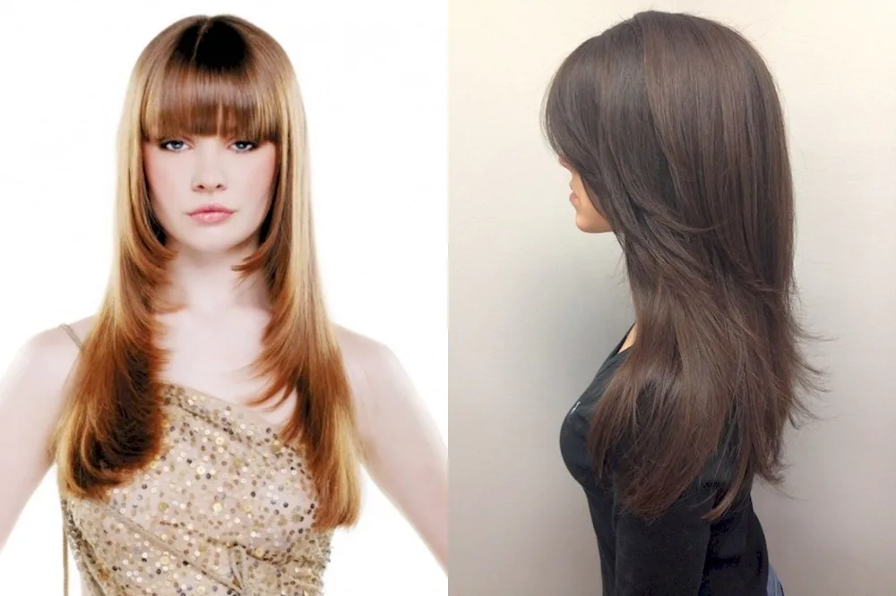 Cascade haircut for long hair with bangs