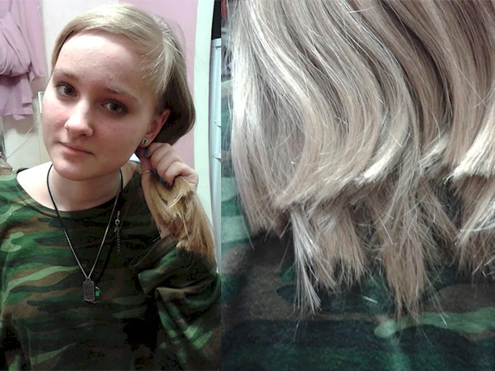 Girl cuts off hair on the floor