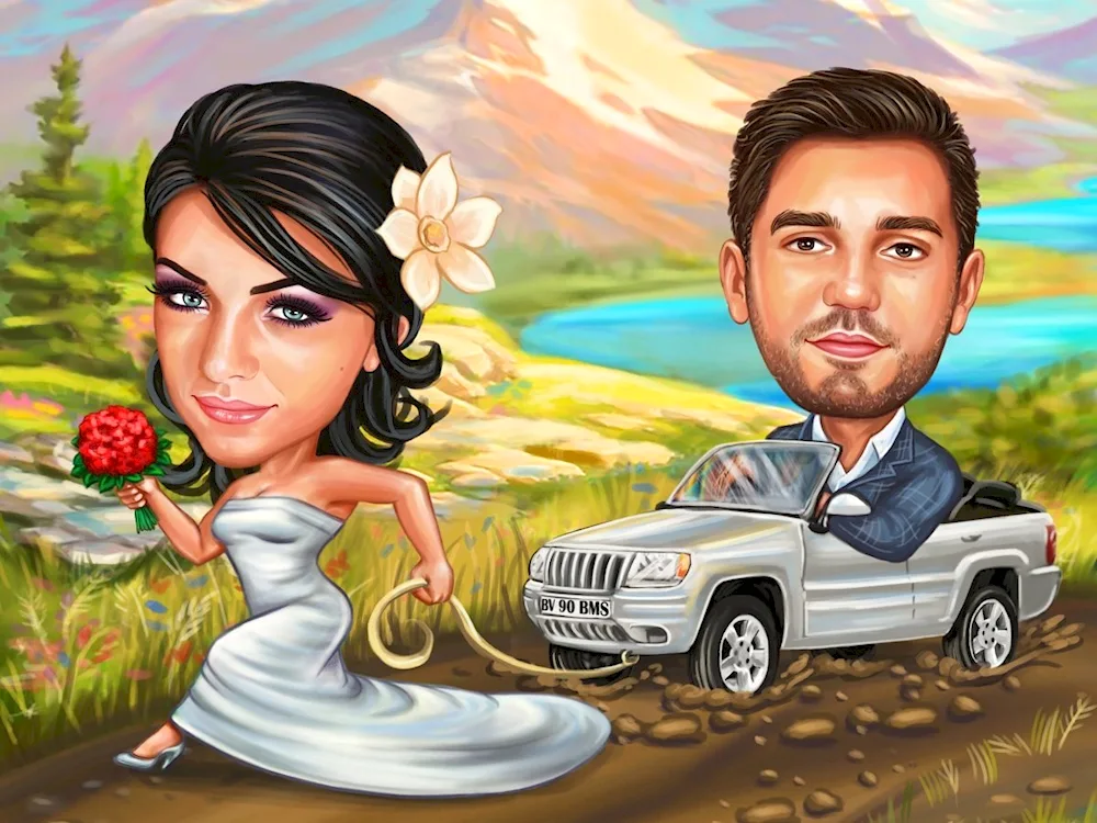 A cartoon of a girl in a car with a car.
