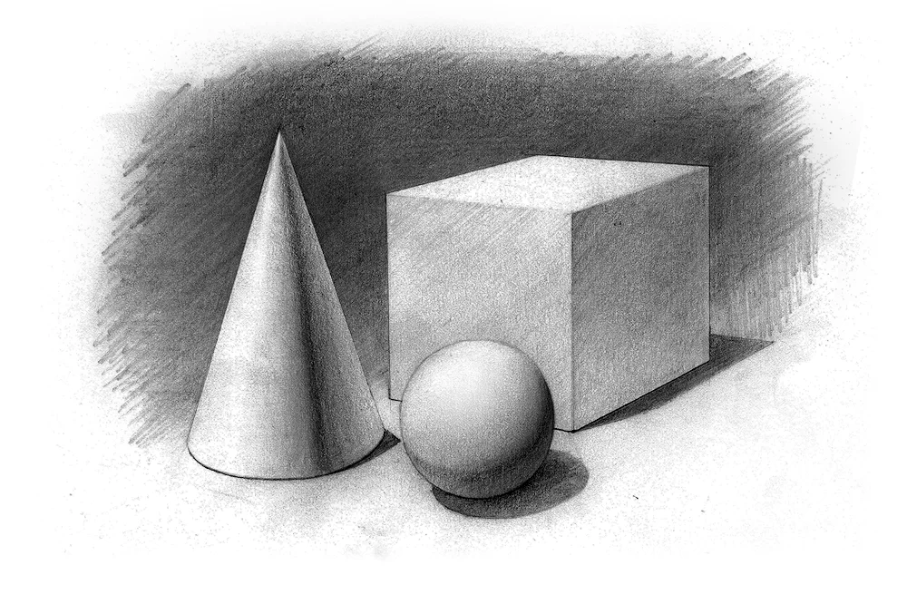 Gypsum still life of a ball cone cylinder cube