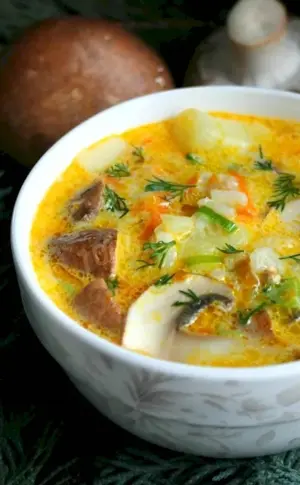 Creamy soup with mushrooms and melted cheese