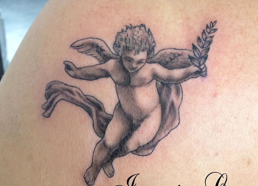 Angel with spread wings tattoo