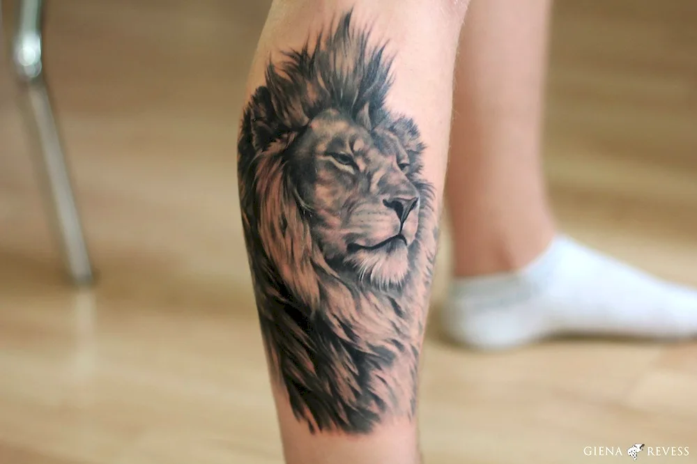 Lion tattoo on leg