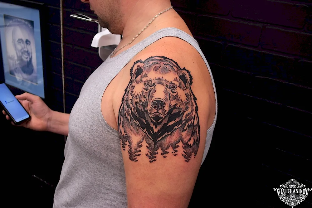 Bear tattoo on shoulder for men