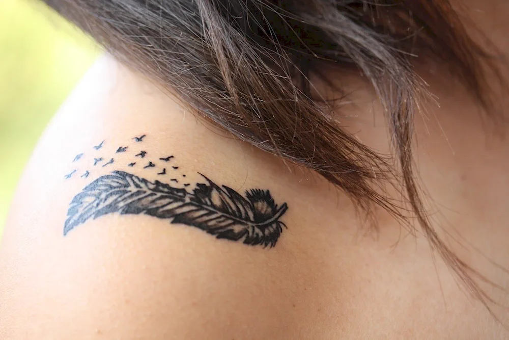 feather tattoo on collarbone