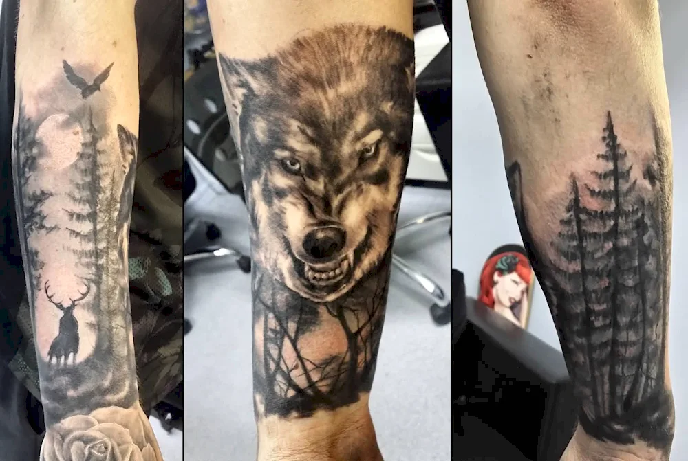 Wolf tattoo in forest