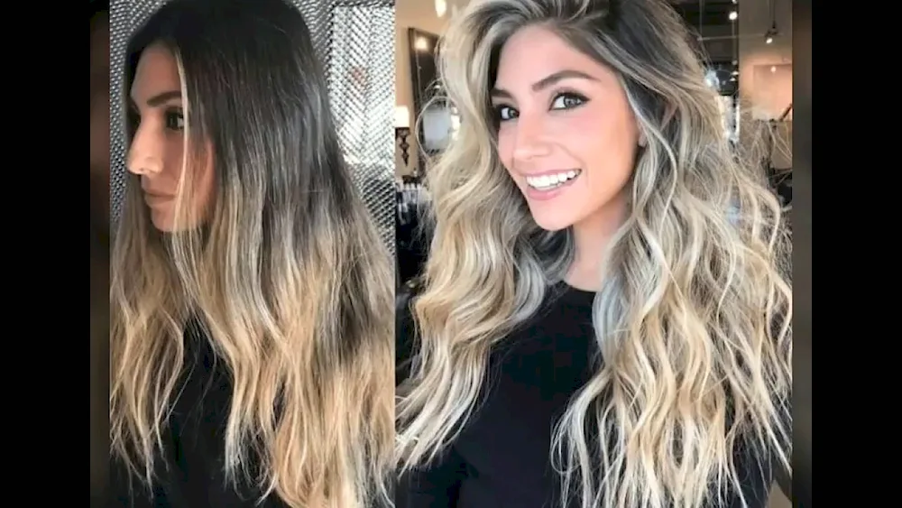 Balayage dark blonde with darkened roots