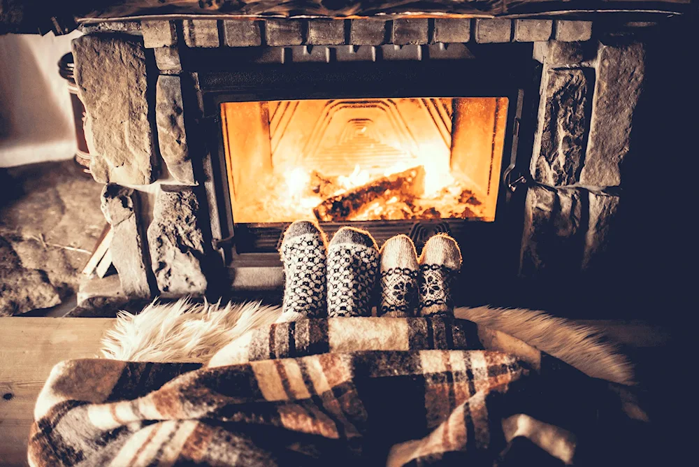 Warm plaid and fireplace