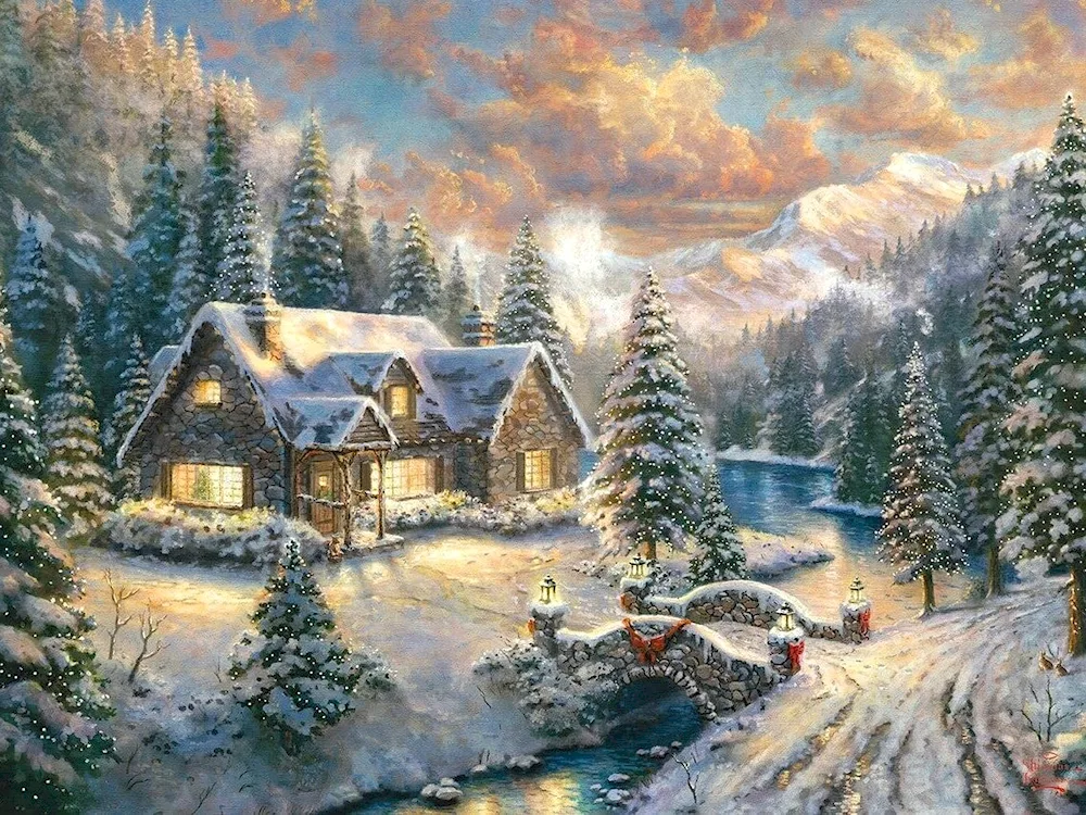 Thomas Kinkade mountain painting