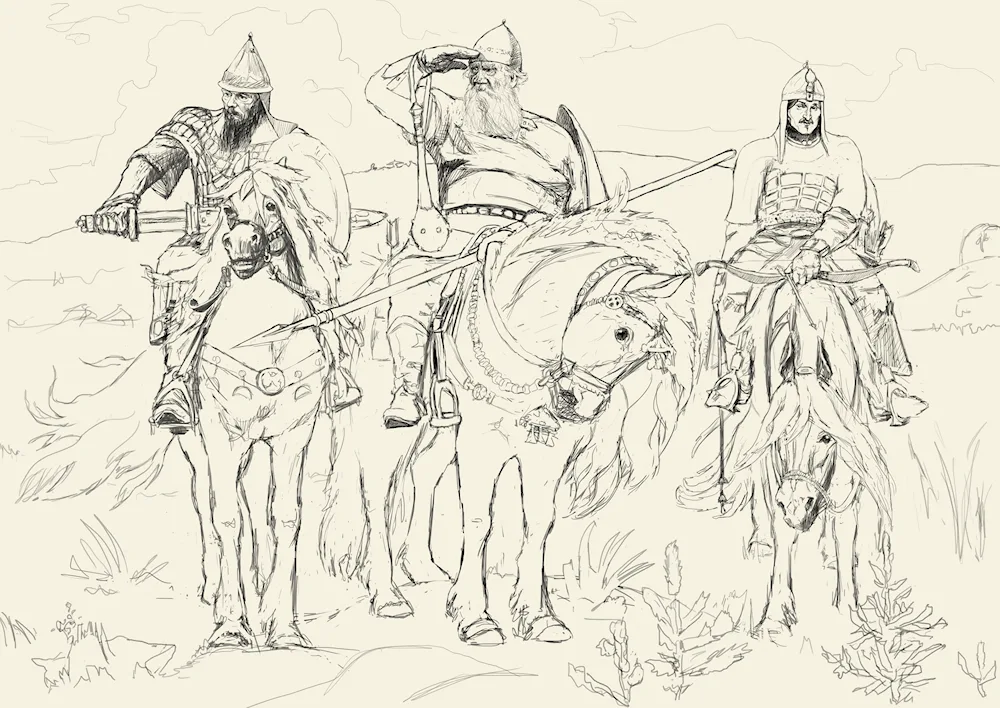Three bogatyrs Vasnetsov black and white. white