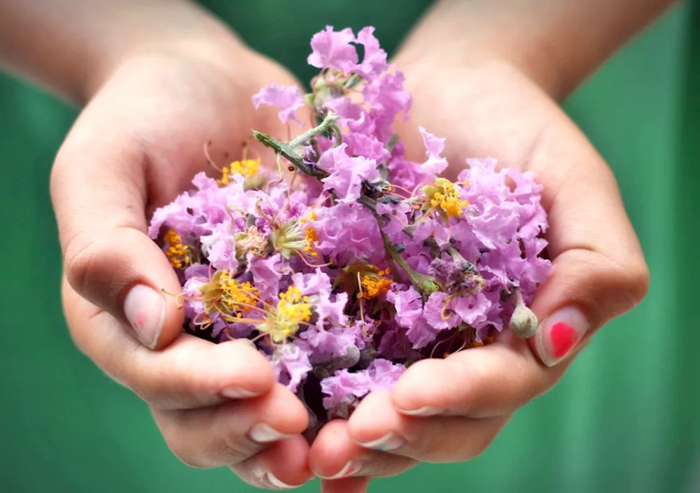 Flowers in hand.