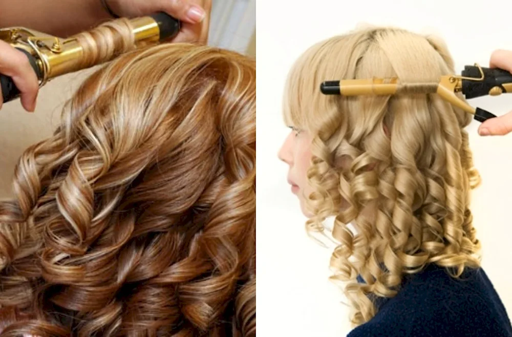 Long hair curls with a curling iron