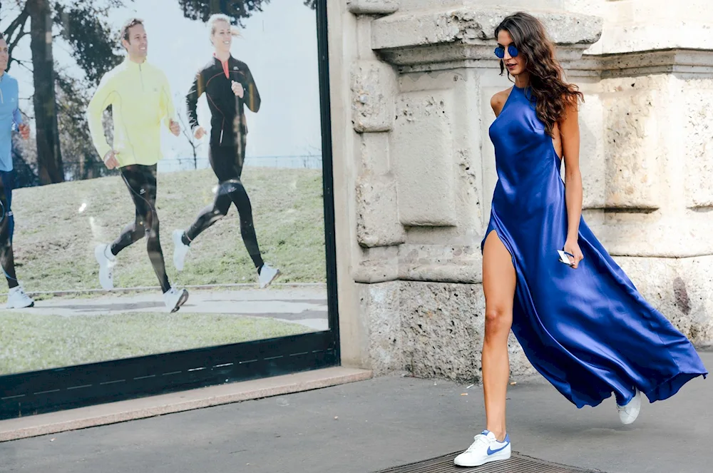 Evening dress with sneakers