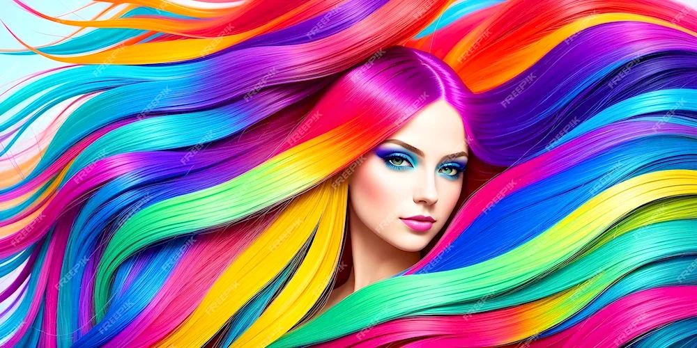 Extended female faces with multicoloured hair picture