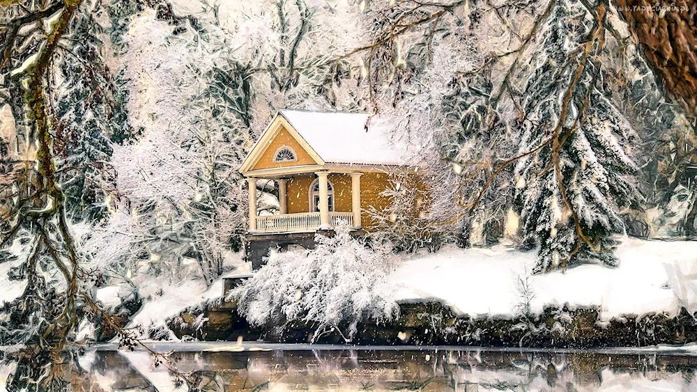 Winter forest house in winter