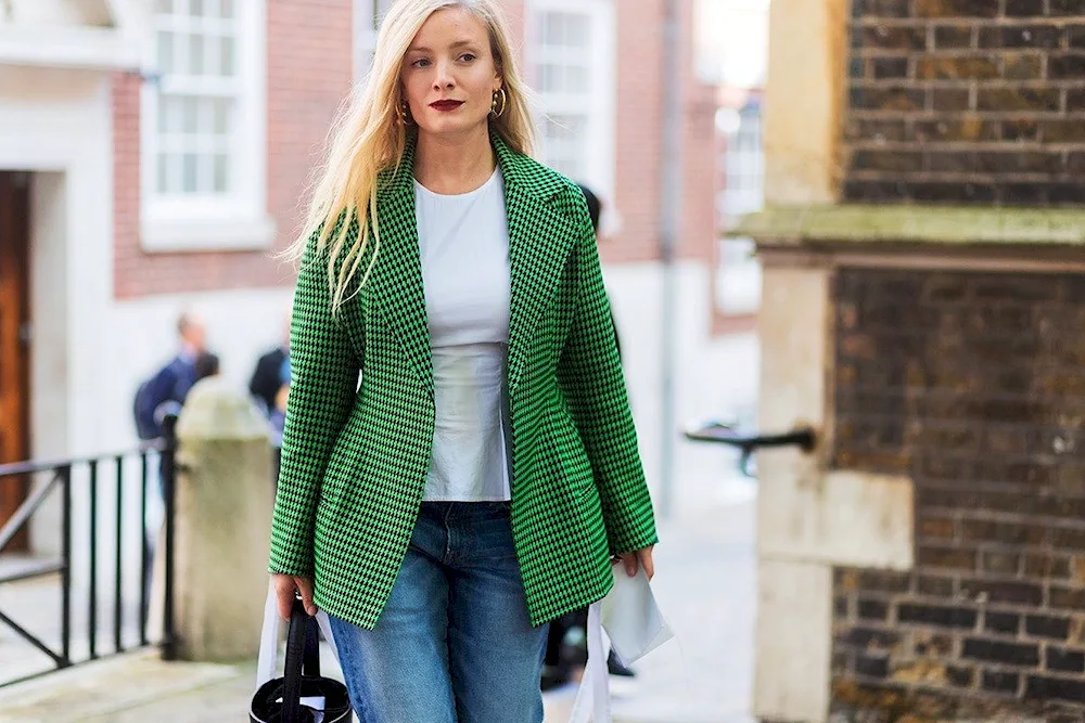 Green jacket and jeans